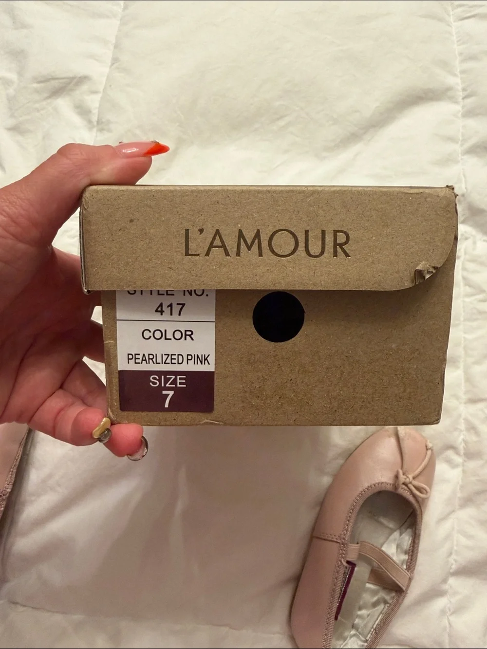 L'Amour Girls' Ballet Flats in Pale Pink with Bow Size 7